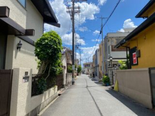 Charming view of a sunny residential street in Osaka, showcasing traditional and modern architecture.
