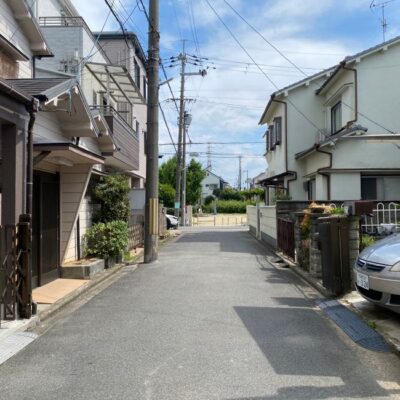 Calm residential street in a suburban area with clear blue sky and typical houses.