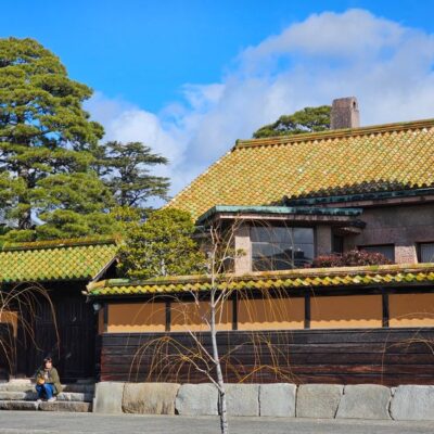 Serene view of a traditional Japanese house with green tiled roof and surrounding garden.